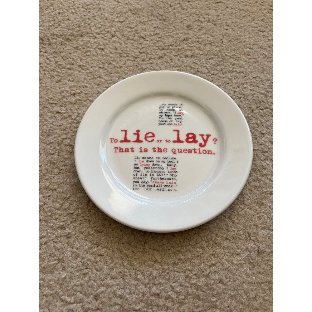 Tuxton GrammarWare plate white 7 inch dinner lie lay wordsmith English ceramic